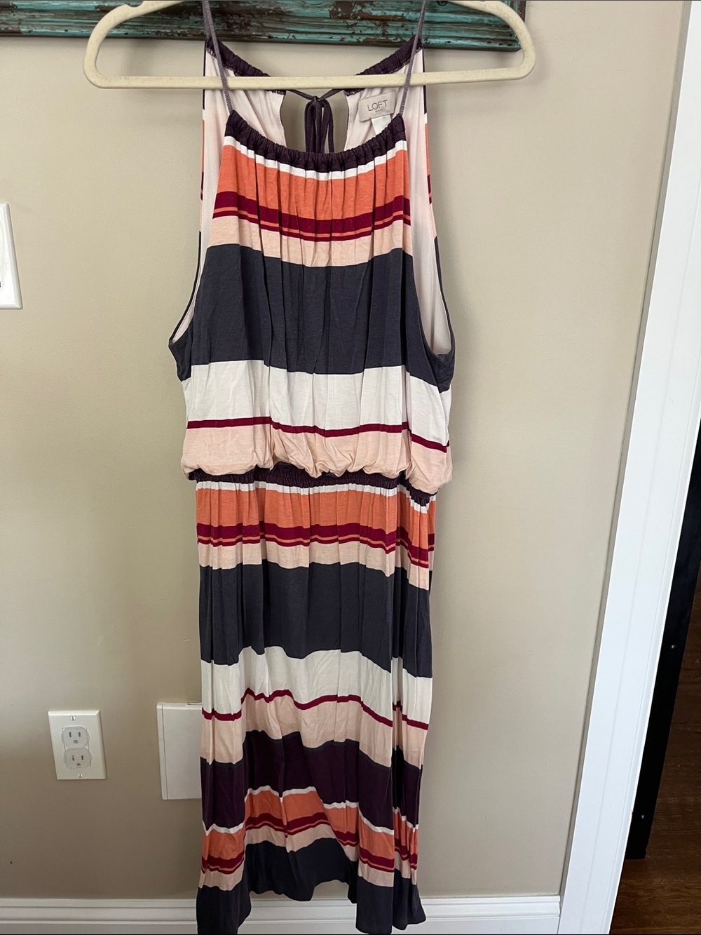 LOFT Striped Halter Maxi Dress in Navy, Cream, Rust & Burgundy